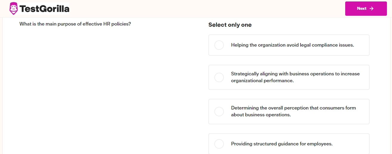 An example question of TestGorilla's HR Fundamentals test