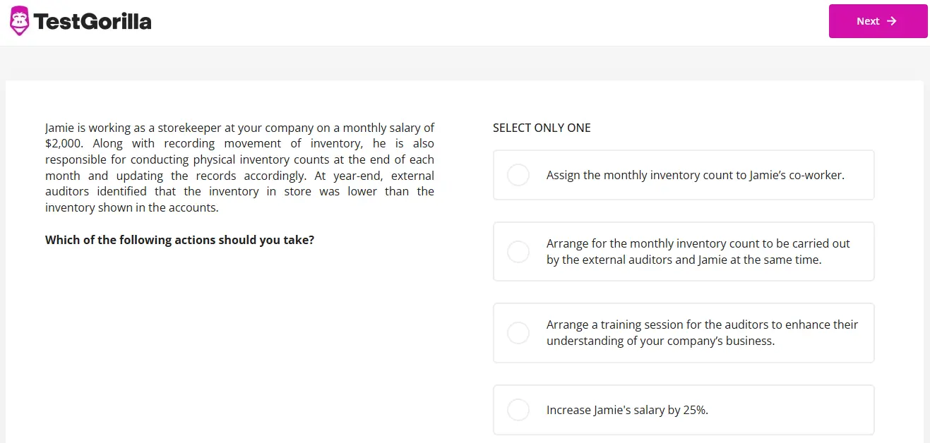  An example question from the TestGorilla Business operations management test