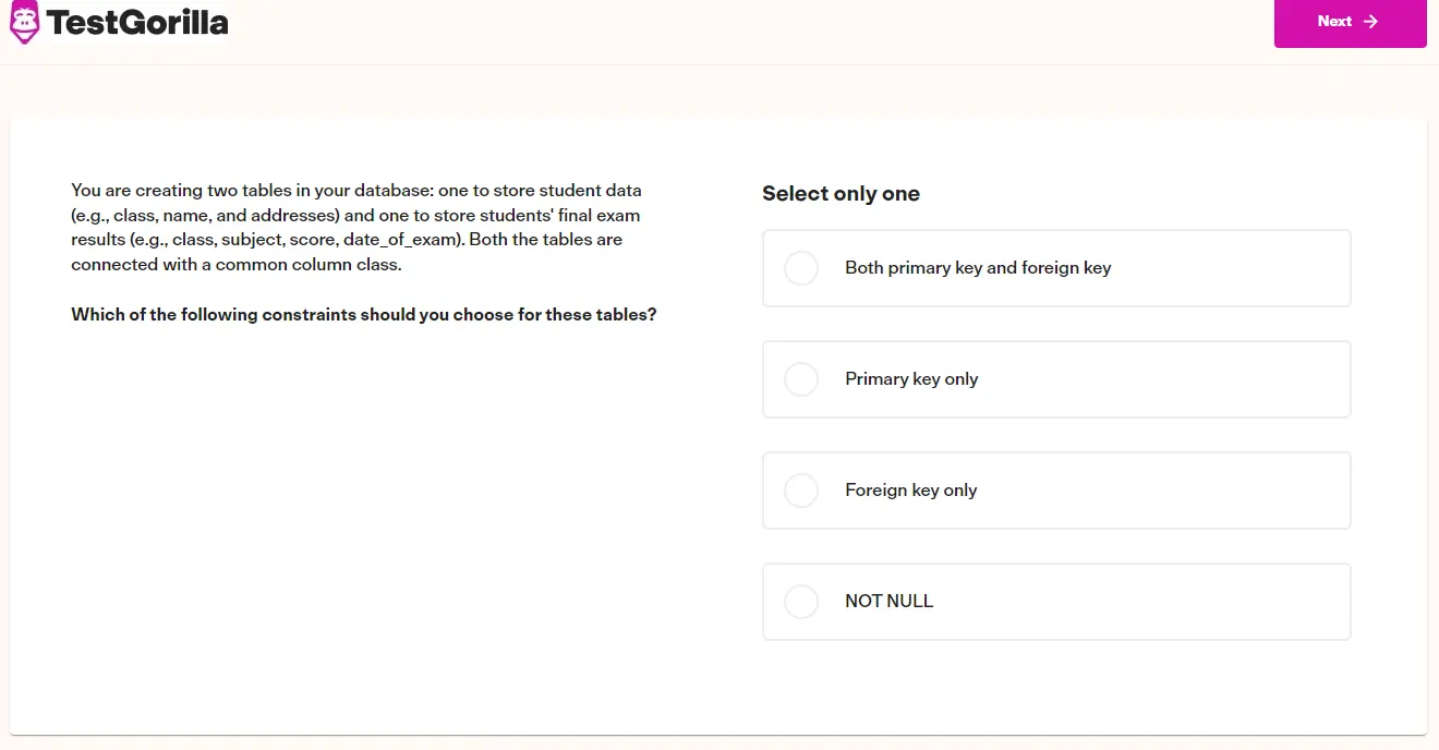 An example question from TestGorilla's MySQL test