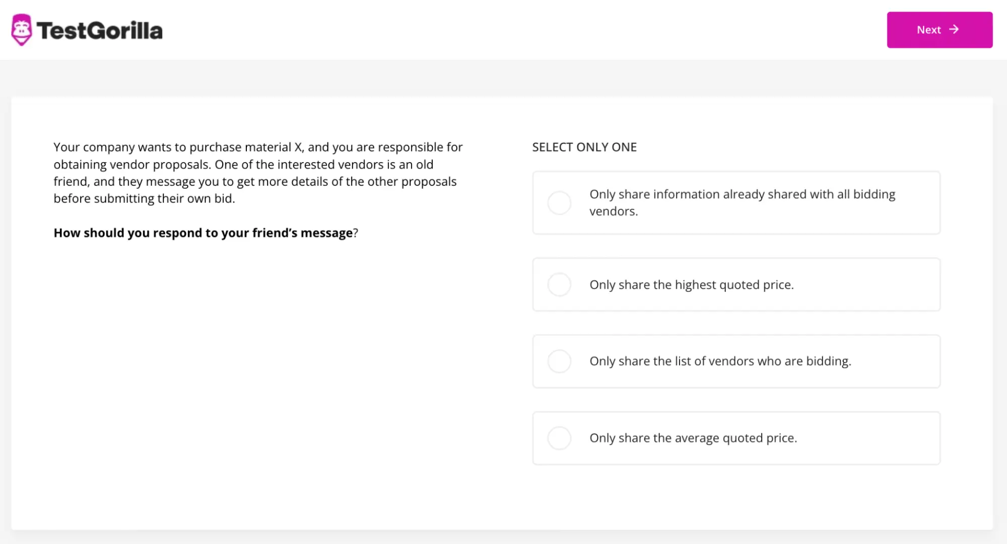 An example question from TestGorilla's Business Ethics test