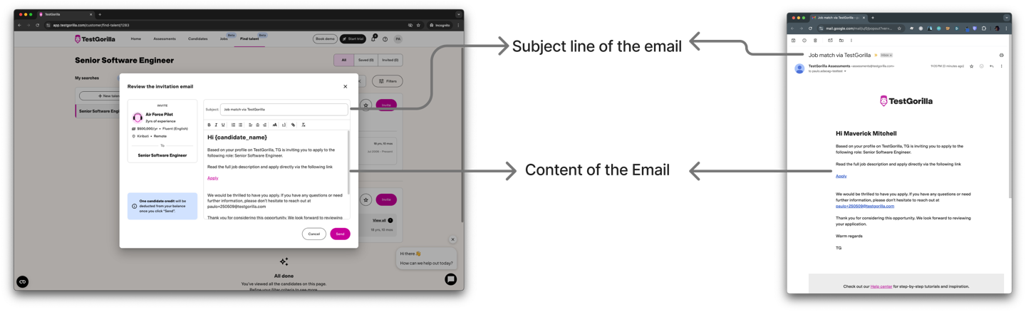 On the left: A screenshot of the email interface in TestGorilla Sourcing; on the right, an example email from a candidate’s point of view.