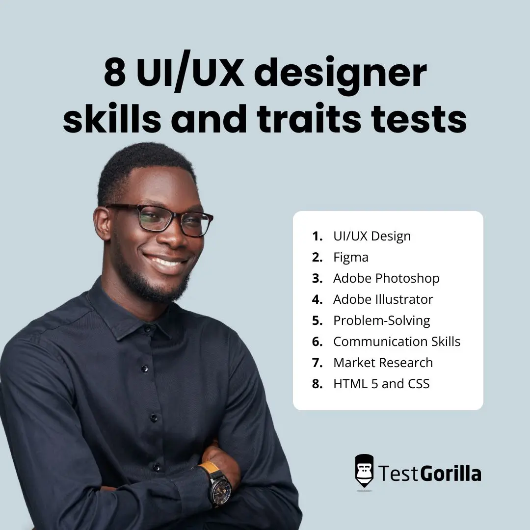8 UI/UX designer skills and traits tests explanation graphic
