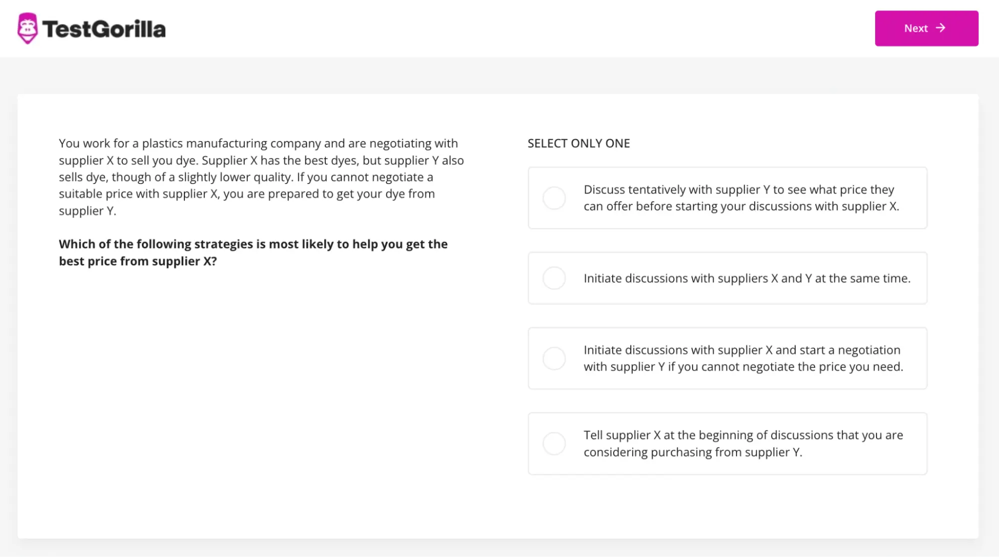 An example question from TestGorilla's Negotiation test