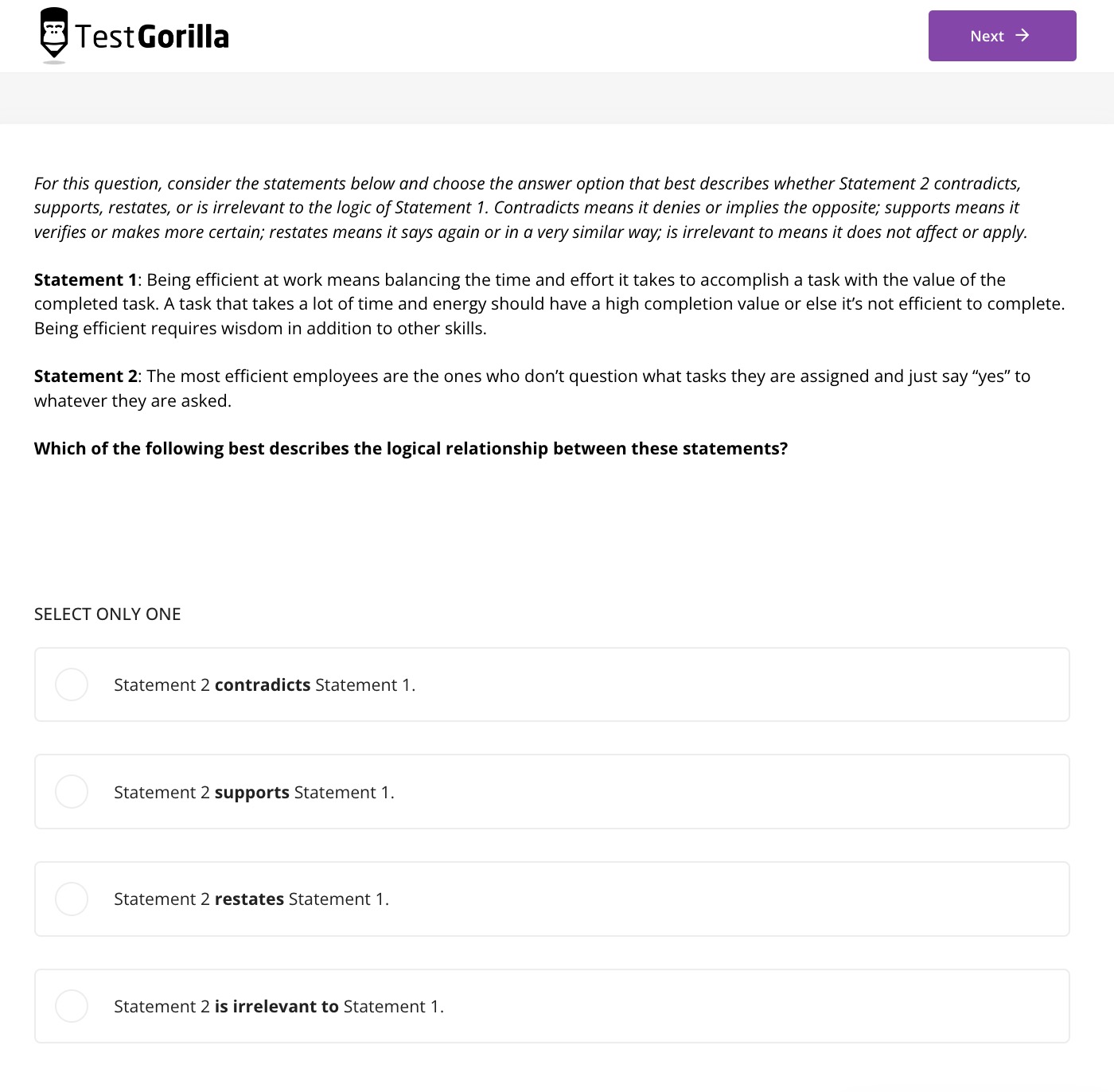 A preview question from TestGorilla's Critical Thinking test