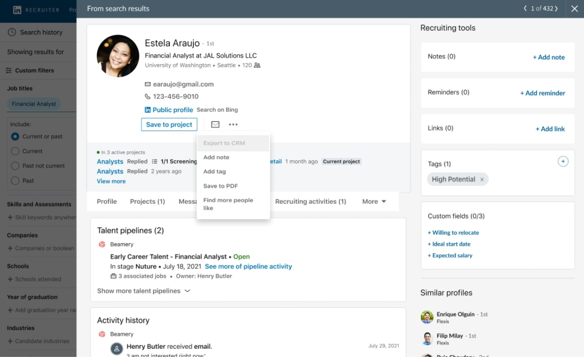 Exporting a candidate profile from LinkedIn to Beamery.
