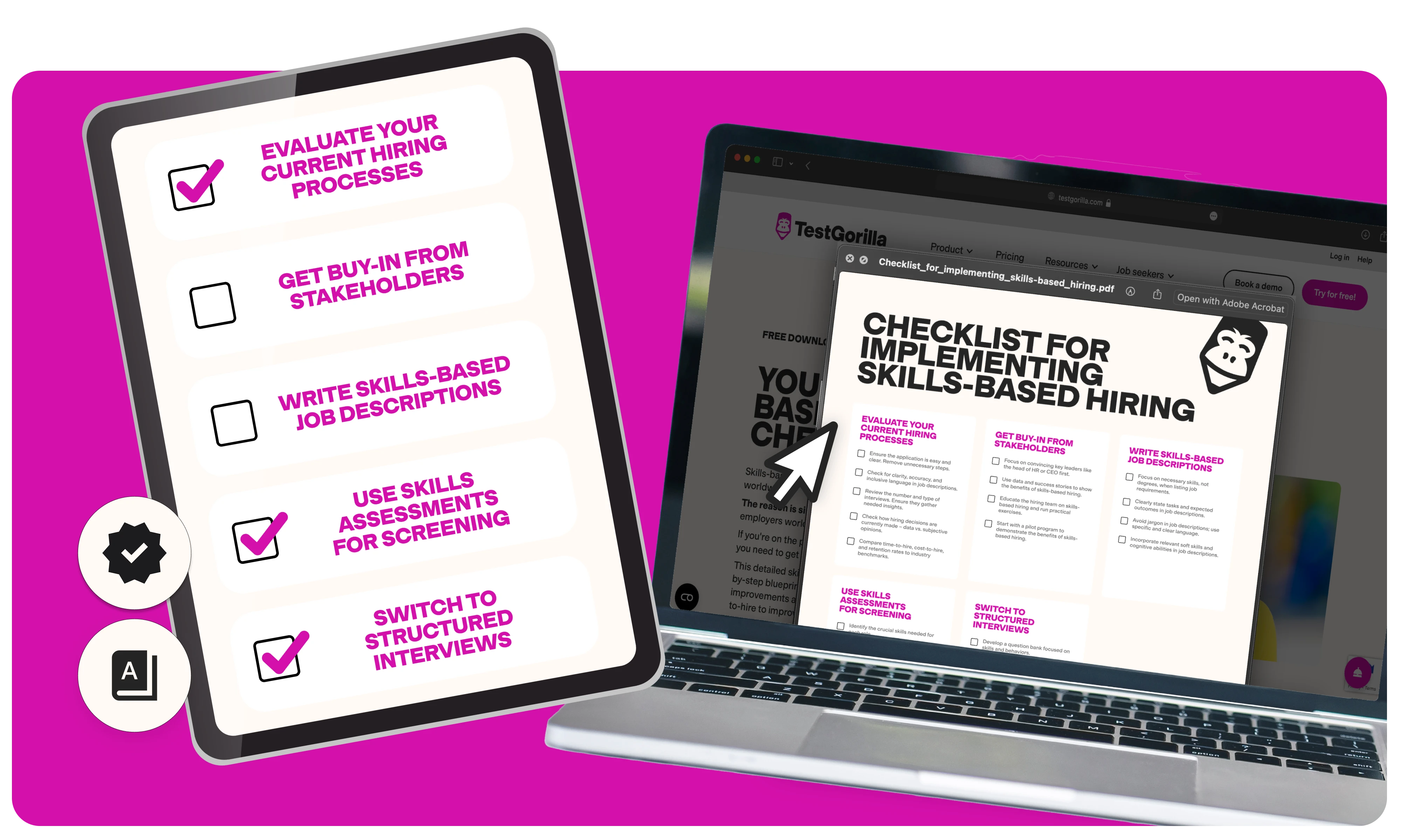 A laptop and tablet showing the TestGorilla "Your Skills Based Hiring Checklist"