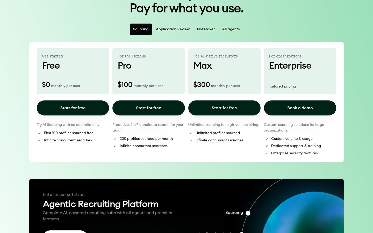Metaview pricing page on the Sourcing tab: Free $0, Pro $100 and Max $300 monthly per user, and Enterprise with tailored pricing
