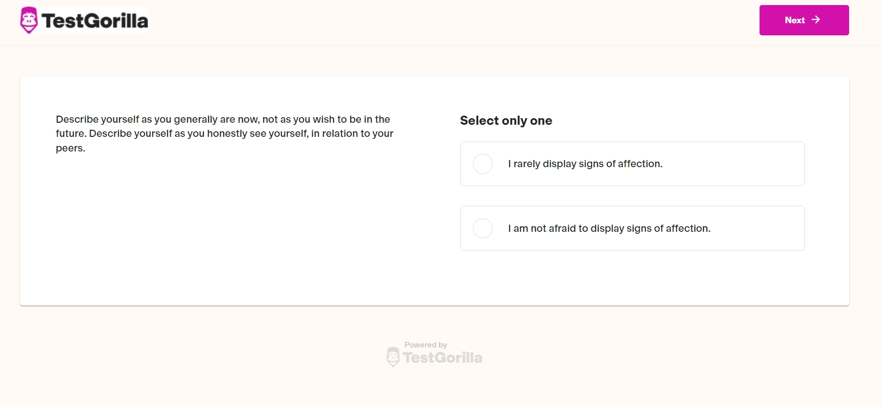 Example question from TestGorilla-s Enneagram test screenshot