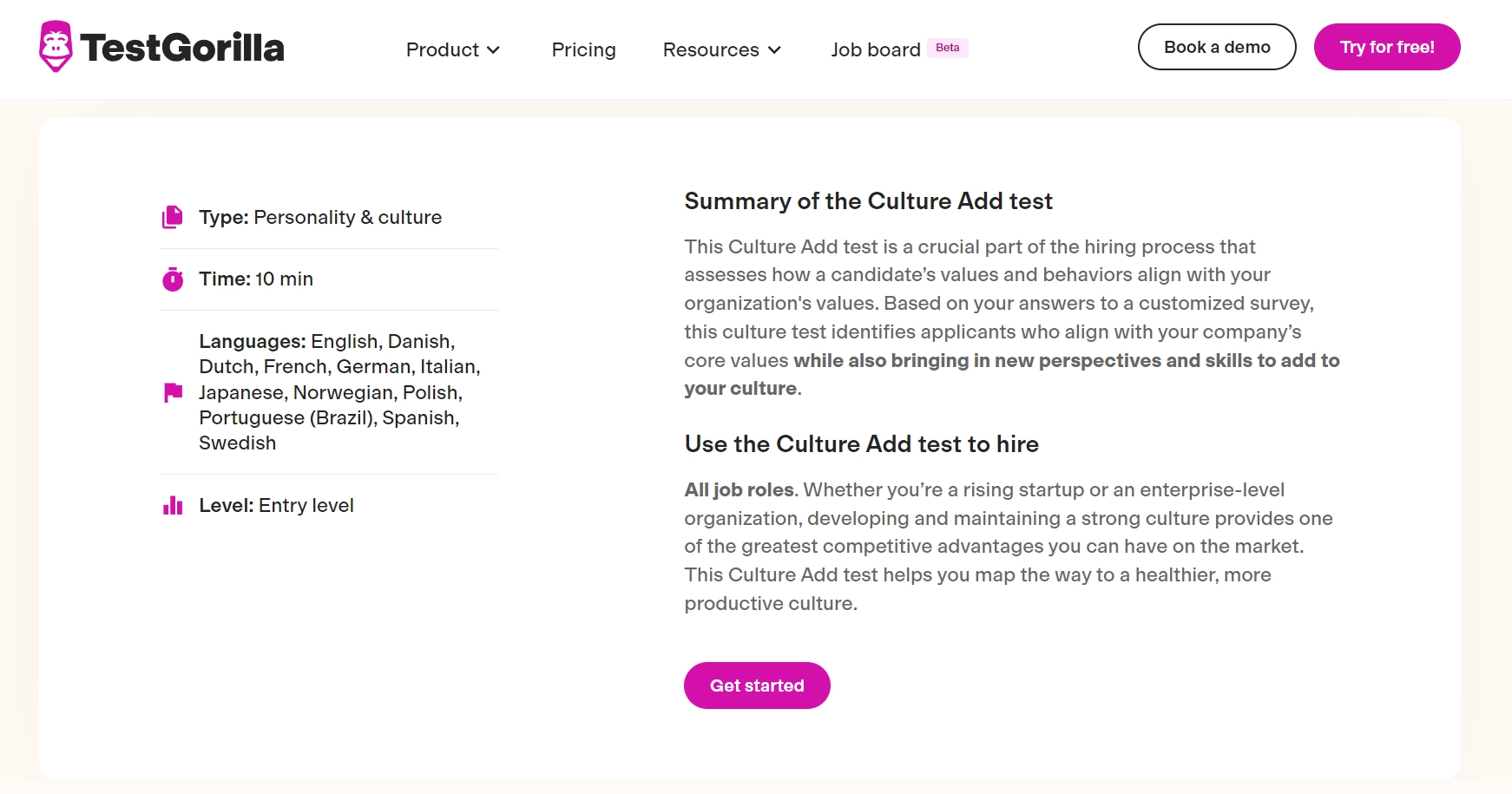 Overview of the TestGorilla Culture Add test screenshot