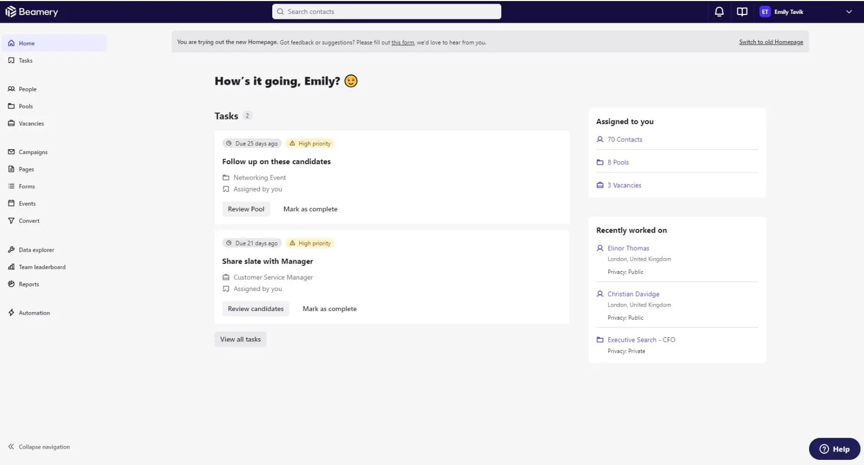 Beamery homepage showing the navigation pane and two tasks marked high priority.