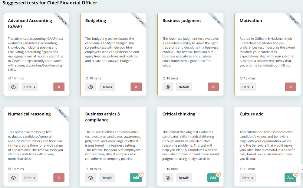 suggested tests for chief financial officer by TestGorilla screenshot