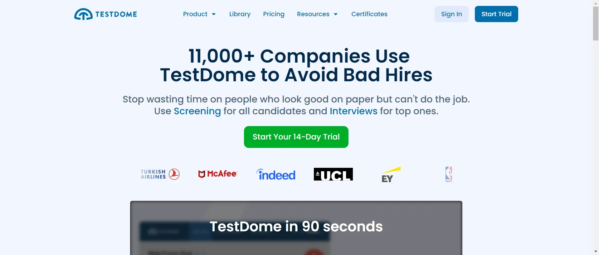 The TestDome homepage screenshot