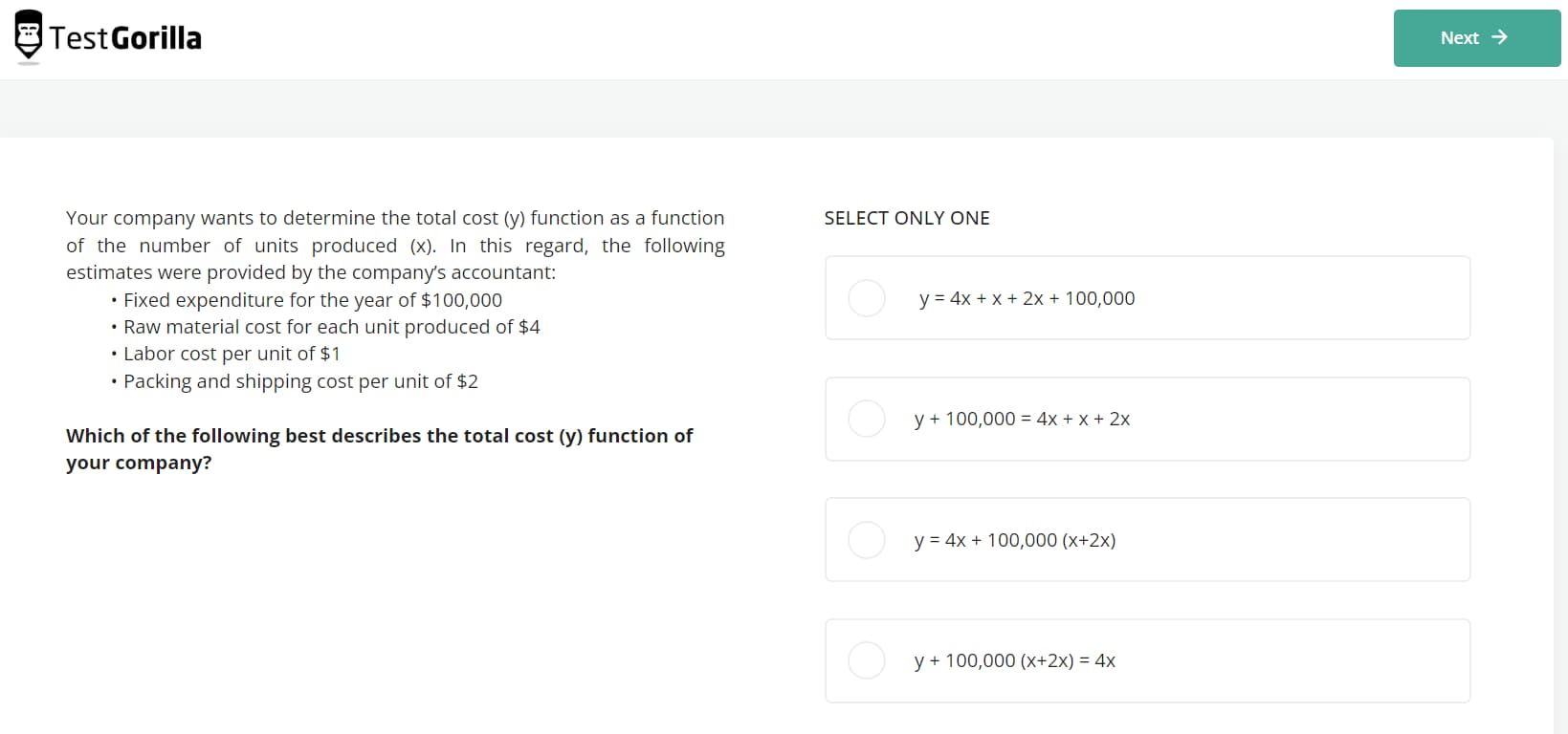 an example question from TestGorilla's Financial Math test