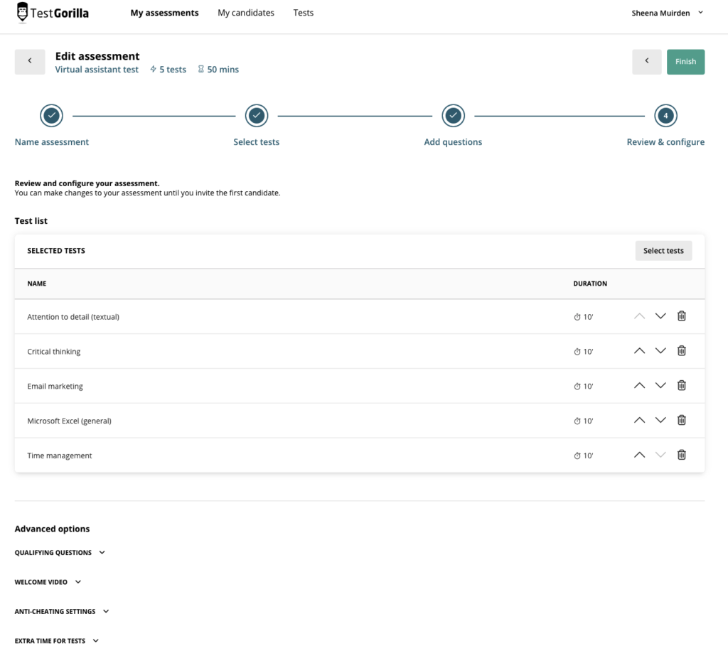 screesnshot of how to make an assessment in TestGorilla