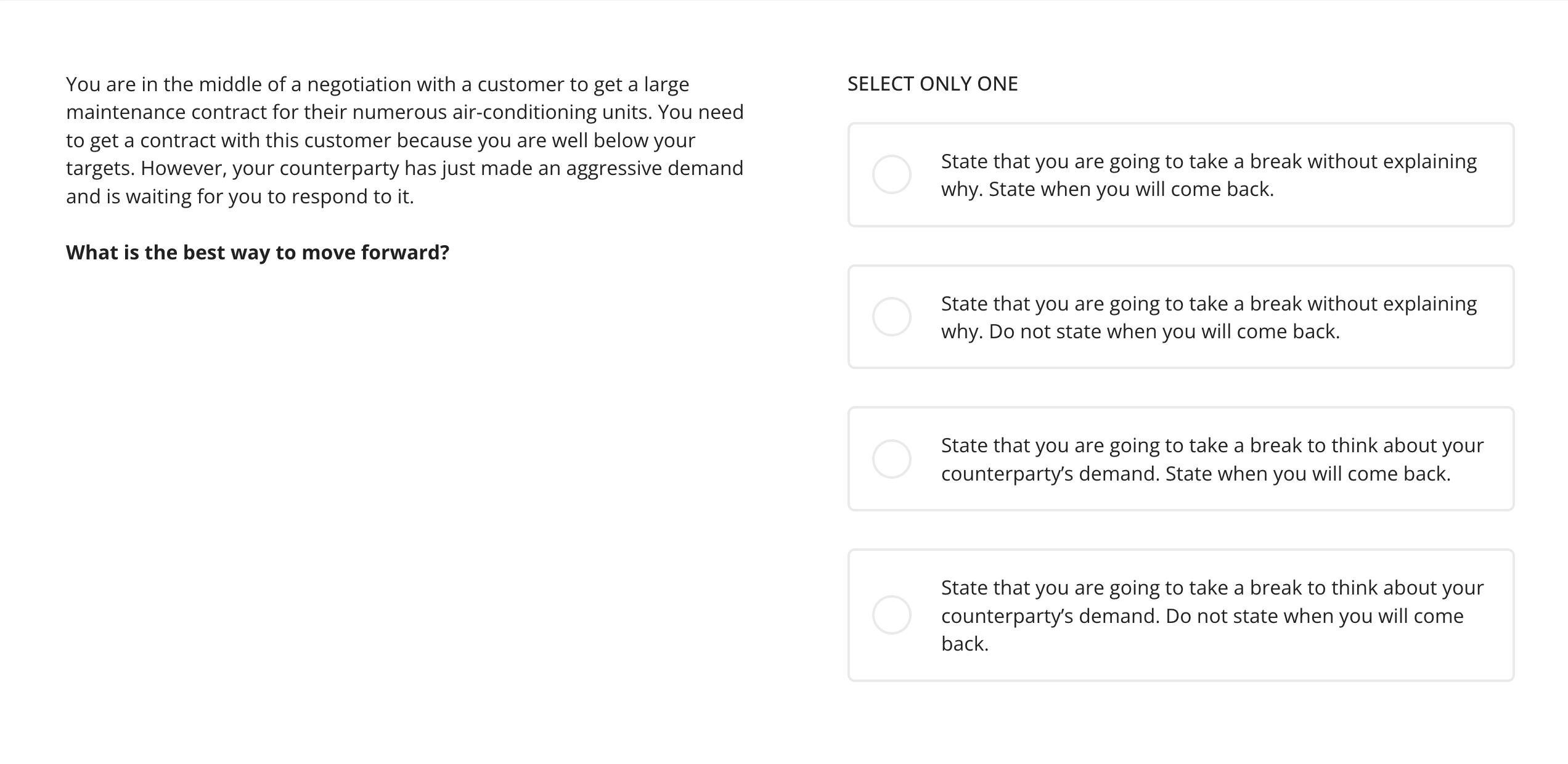 example of a negotiation skills test question in TestGorilla