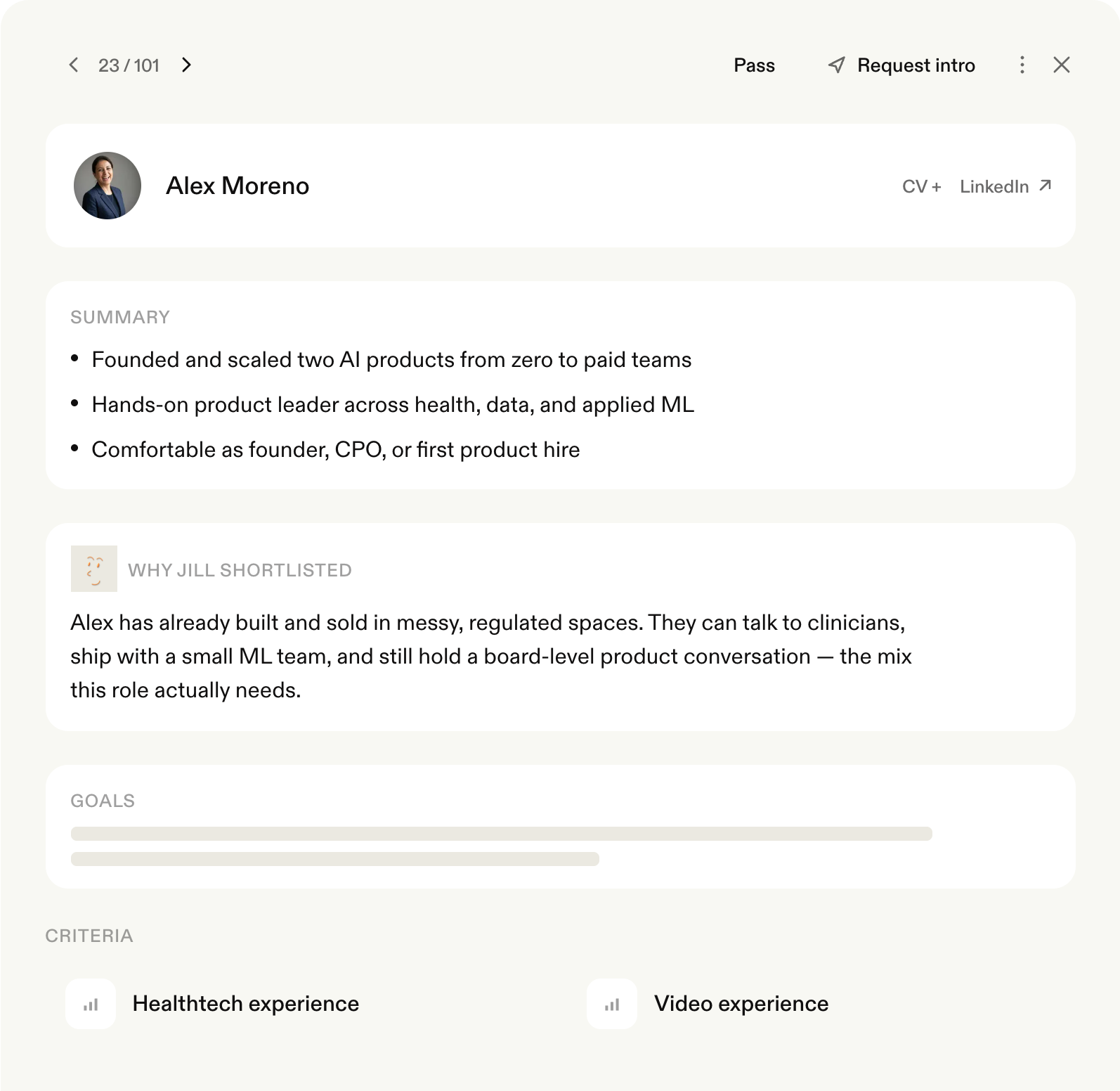 Jack & Jill candidate card showing a summary, a Why Jill shortlisted paragraph, goals, and criteria, with Pass and Request intro buttons

