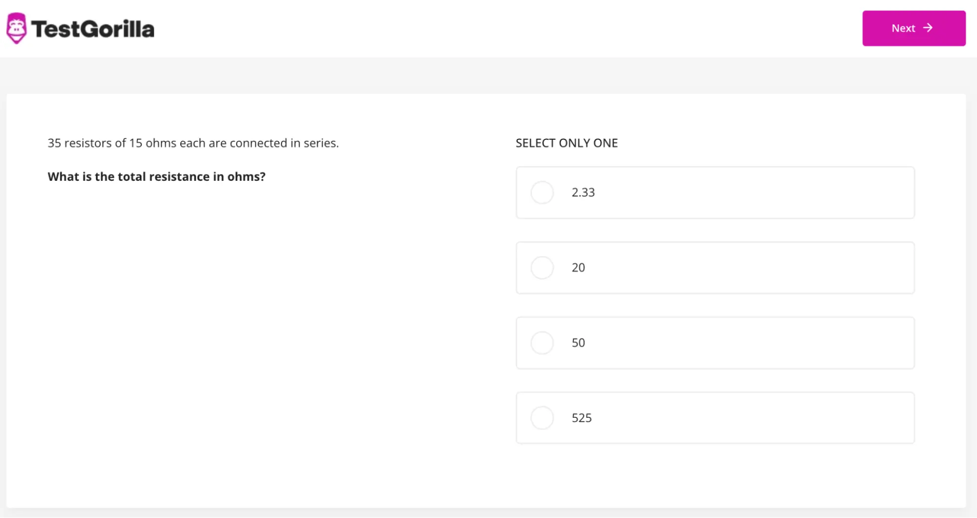 An example question from TestGorilla-s Fundamentals of Electricity test