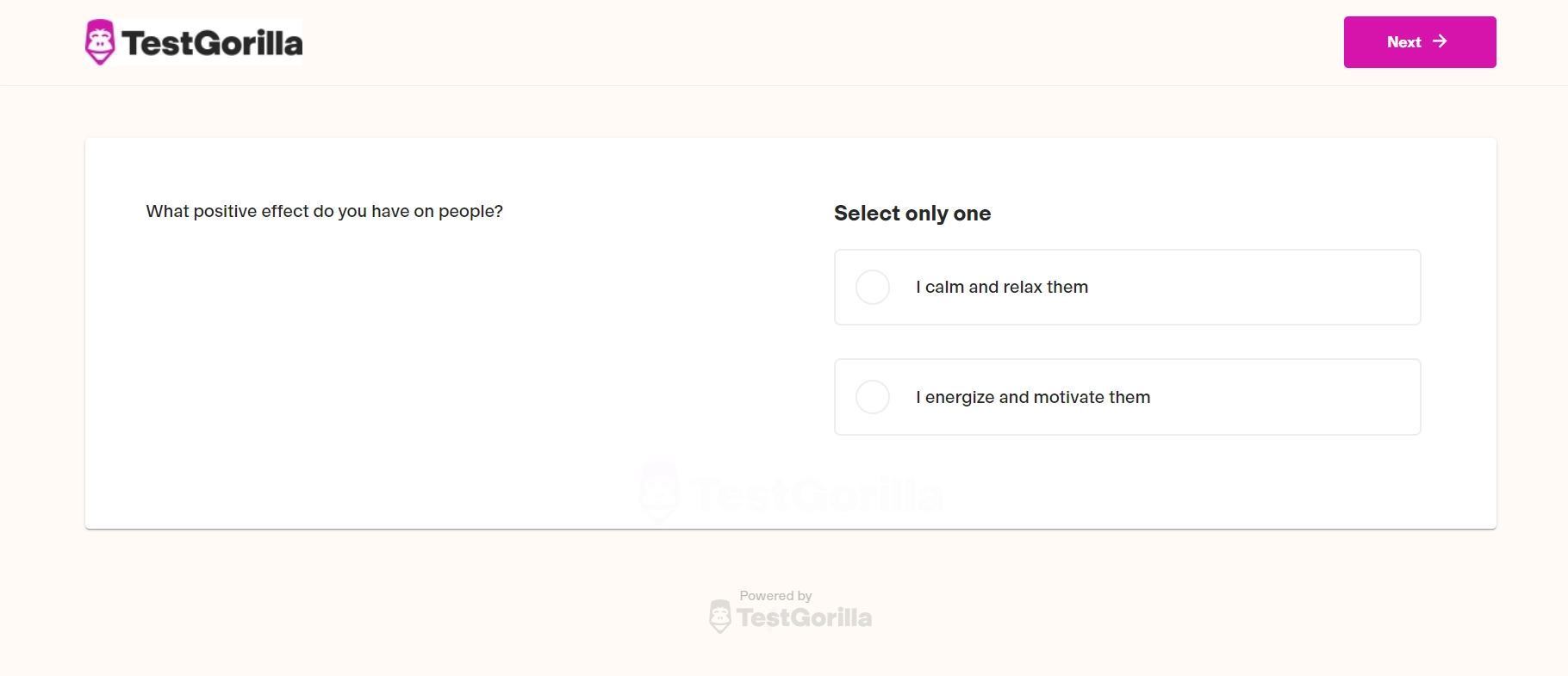 an example question from TestGorilla-s 15-Types test screenshot
