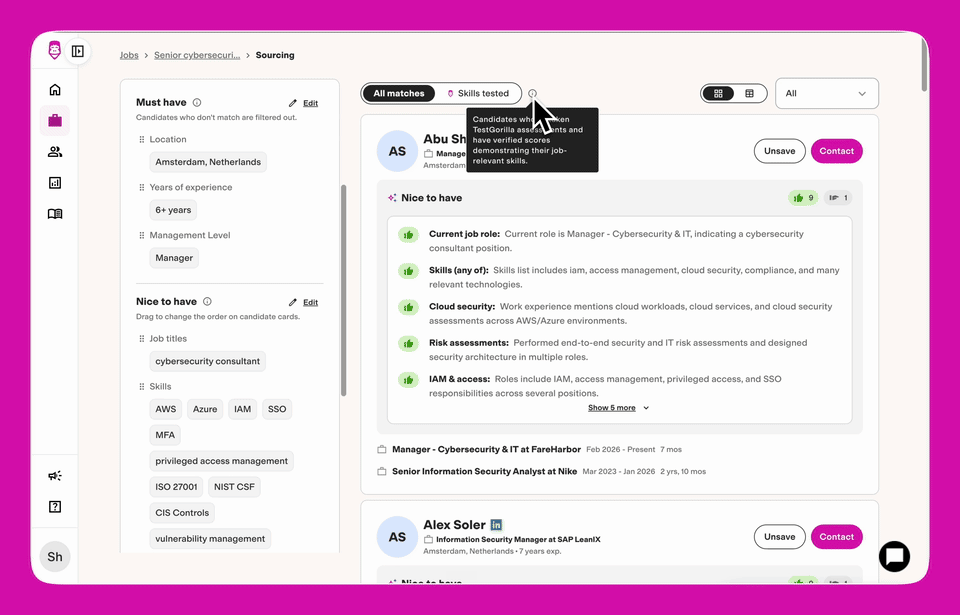 Gorilla Sourcing results with the Skills tested tab switched on, listing only candidates who already have a TestGorilla score
