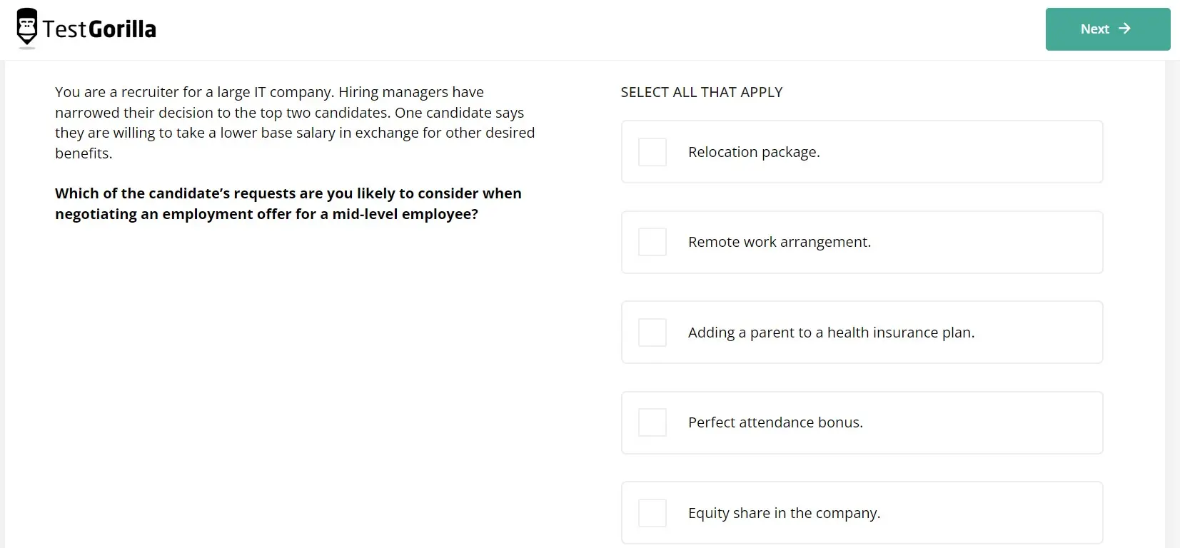 Example question of Talent Acquisition test by TestGorilla