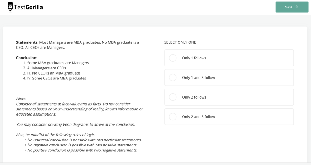 
Pour en savoir plus, consultez nos exemples de questions du test d’évaluation de la réflexion critique.
