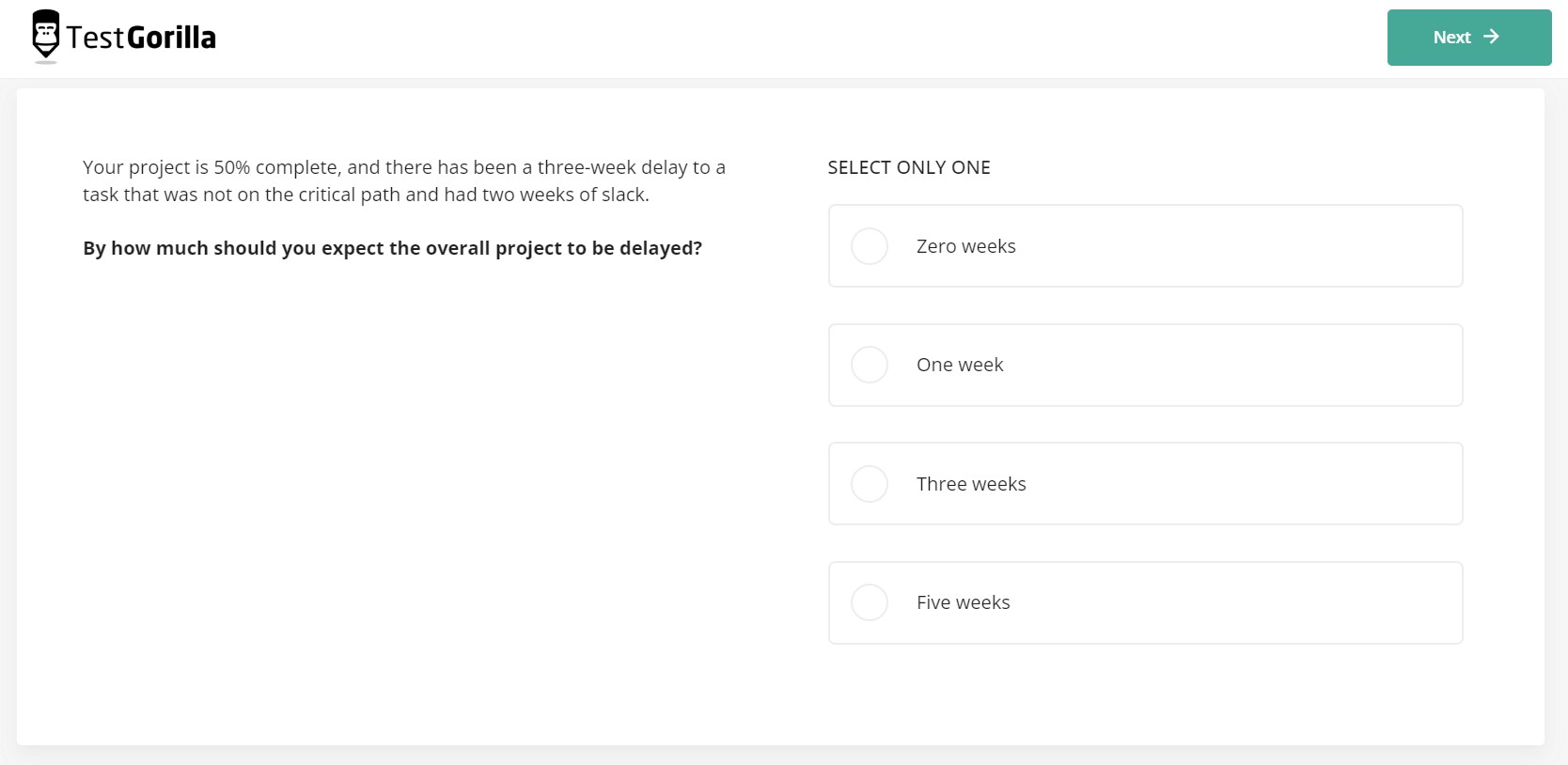 An example question from TestGorilla's Project Management test