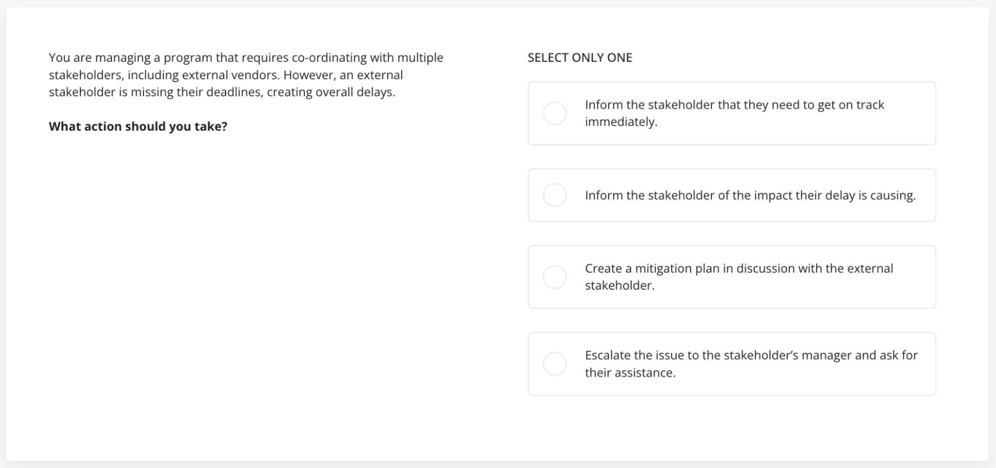 an example question from TestGorilla's Program Management test