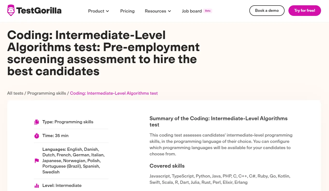 A screenshot of TestGorilla’s Coding: Intermediate-Level Algorithms test page