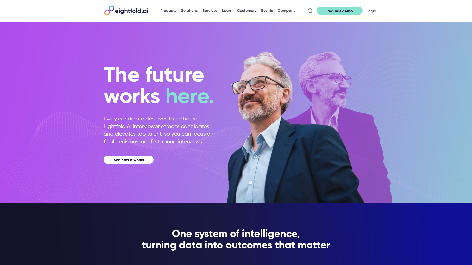Screenshot of the eightfold.ai website showing the slogan 'The future works here.'