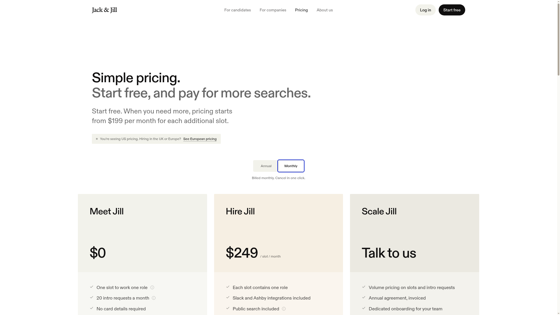 Jack & Jill US pricing page with monthly billing selected: Meet Jill $0, Hire Jill $249 per slot a month, Scale Jill talk to us