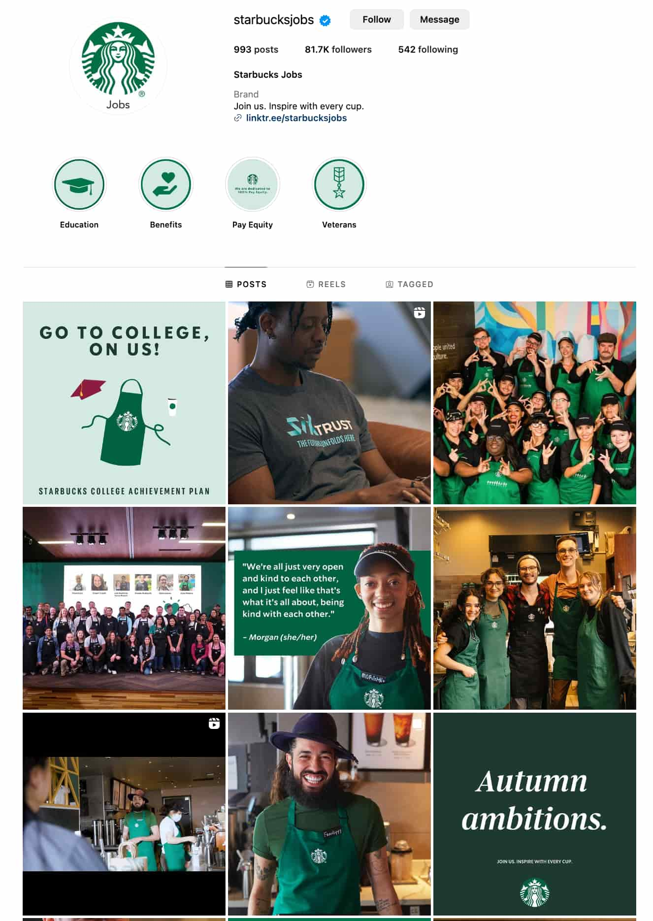 starbucks jobs on instagram screenshot