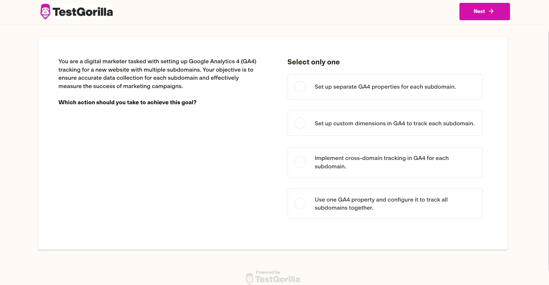 An example question from TestGorilla's Google Analytics 4 test graphic