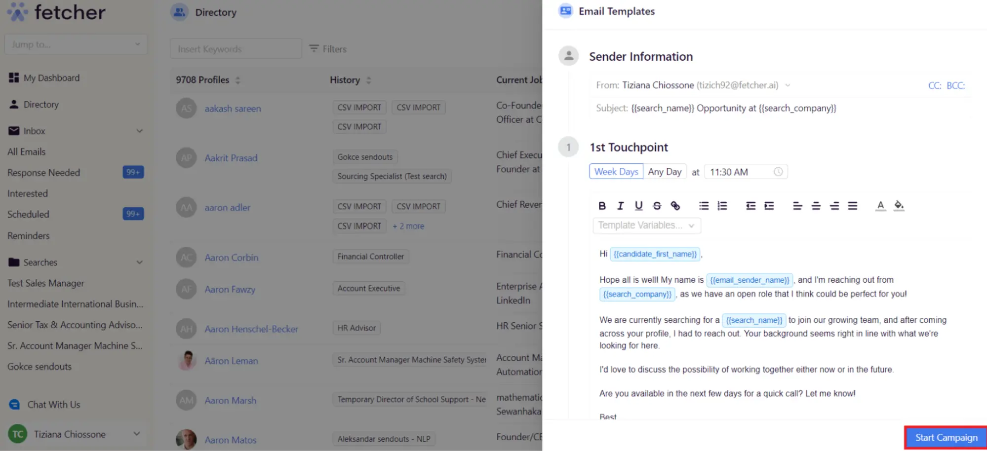 A right-hand panel open in Fetcher shows a draft of an email to a candidate.