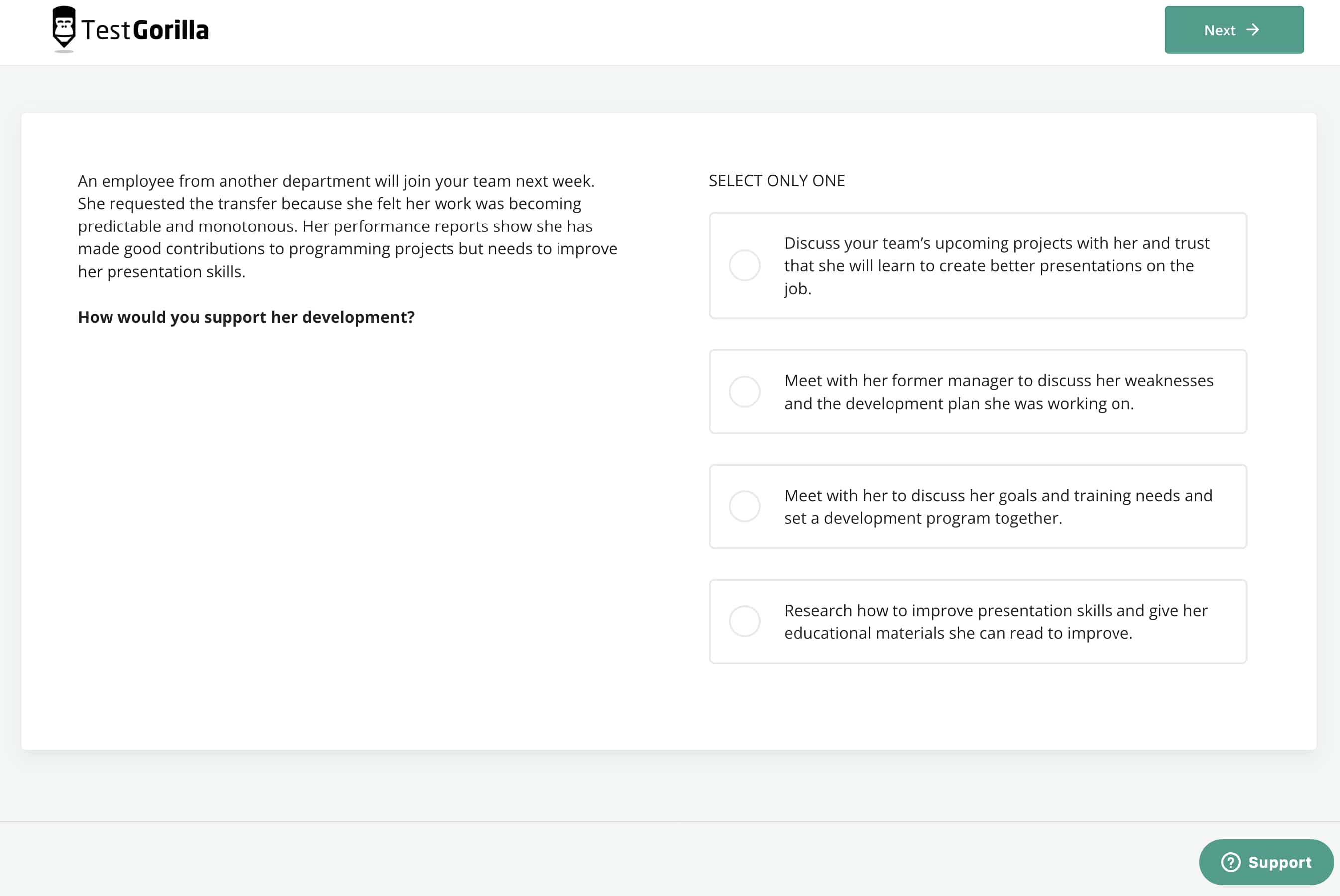 Leadership & people management test preview question by TestGorilla