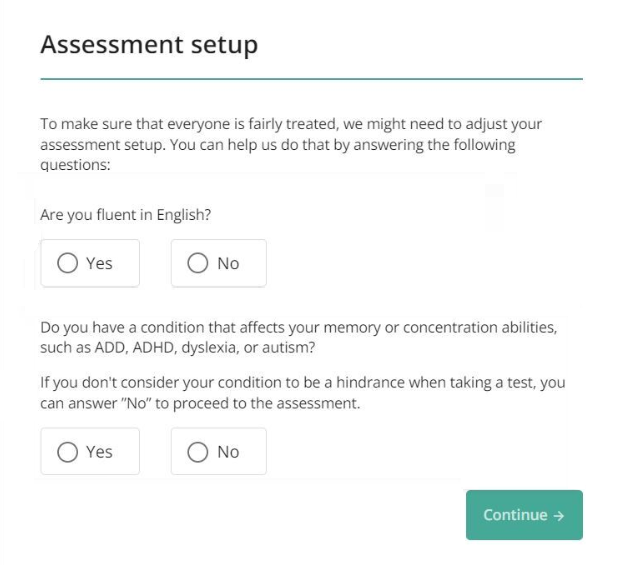 assessment setup in TestGorilla screenshot