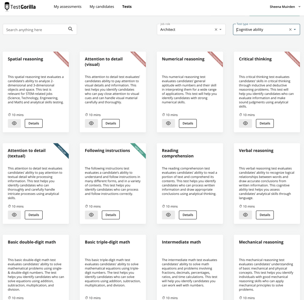 Screenshot von Tests zur Beurteilung der kognitiven Fähigkeiten von Architekt:innen in TestGorilla