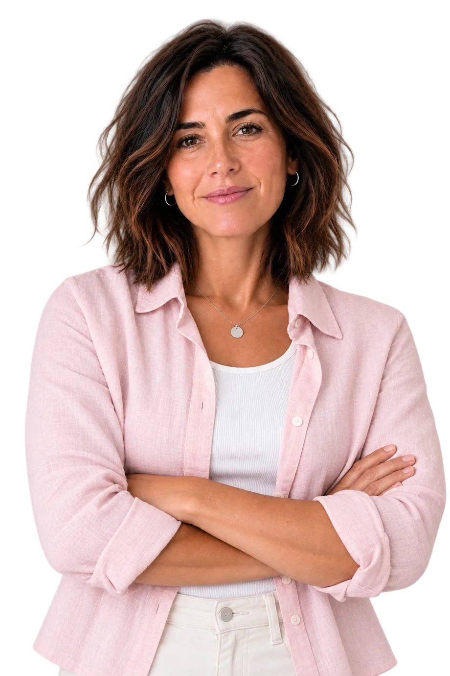 Smiling woman in a pink shirt