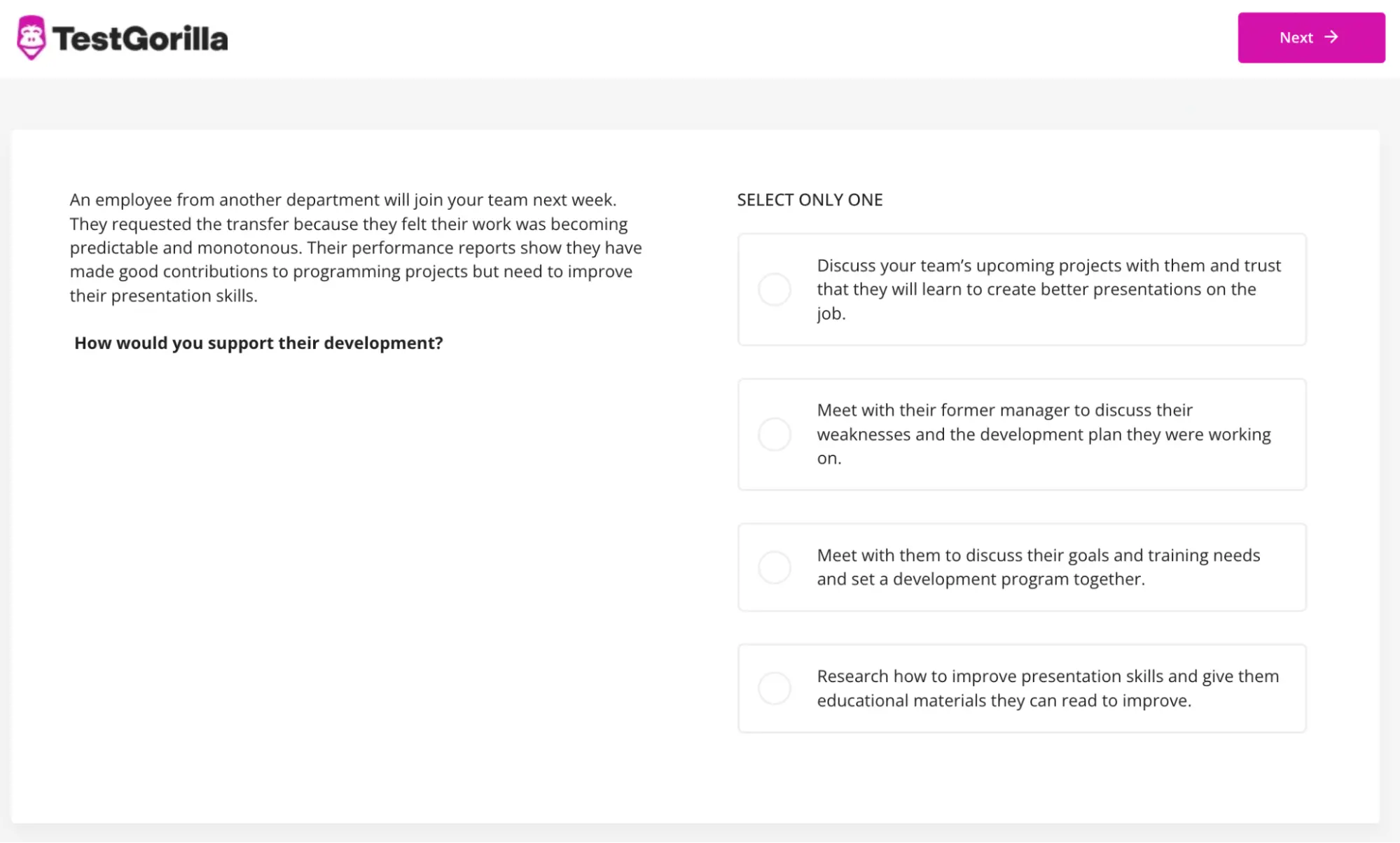 An example question from TestGorilla's Leadership & People Management test