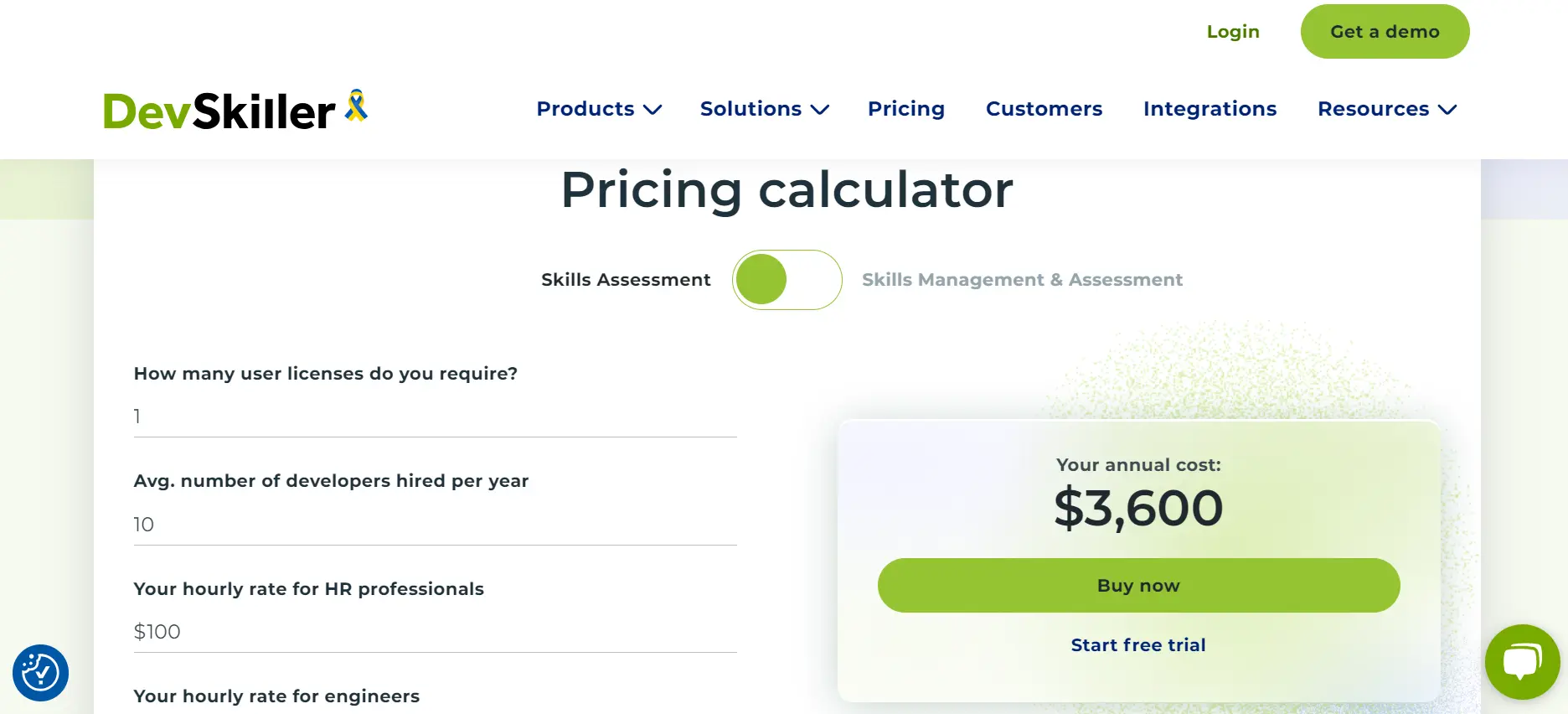 A screenshot of DevSkiller’s pricing calculator