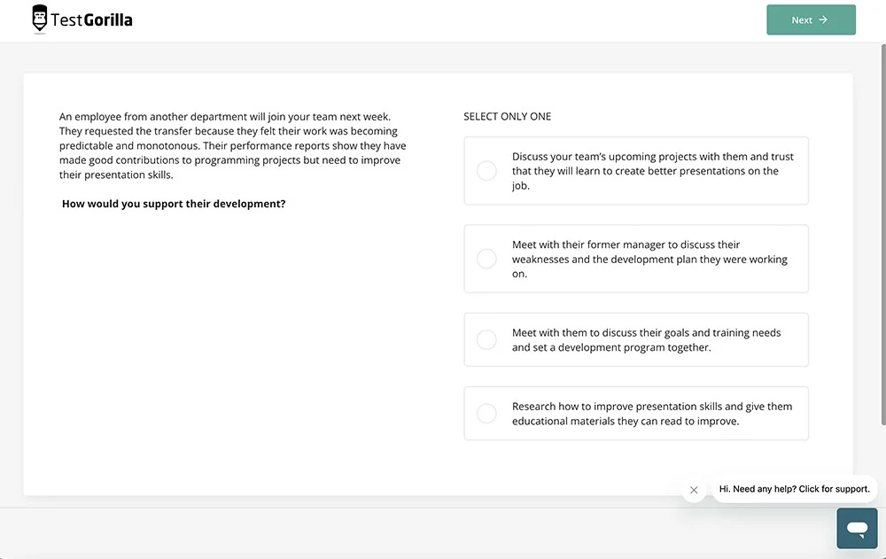 screenshot of TestGorilla's Leadership skills test