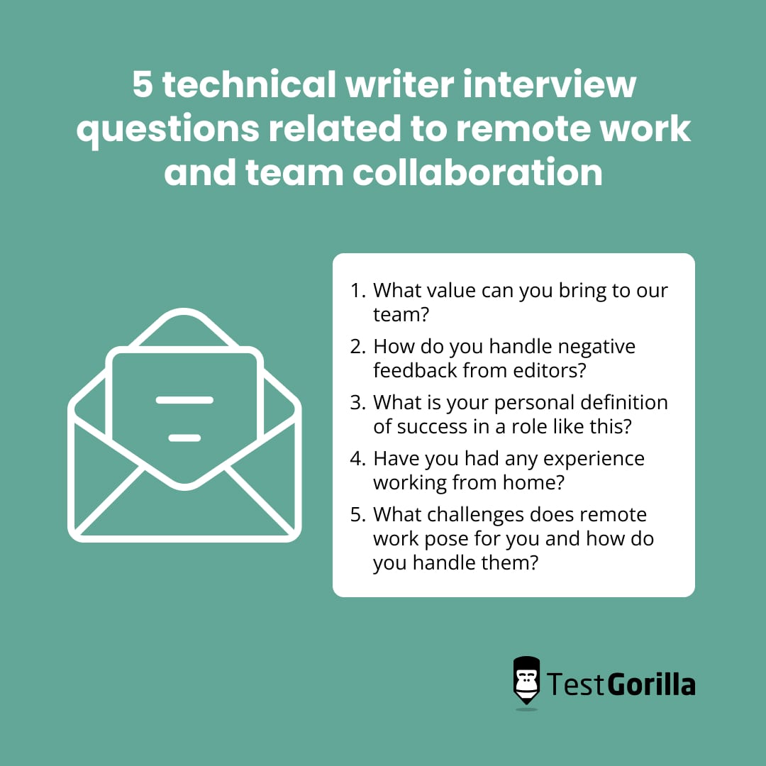 5 technical writer interview questions related to remote work and team collaboration graphic