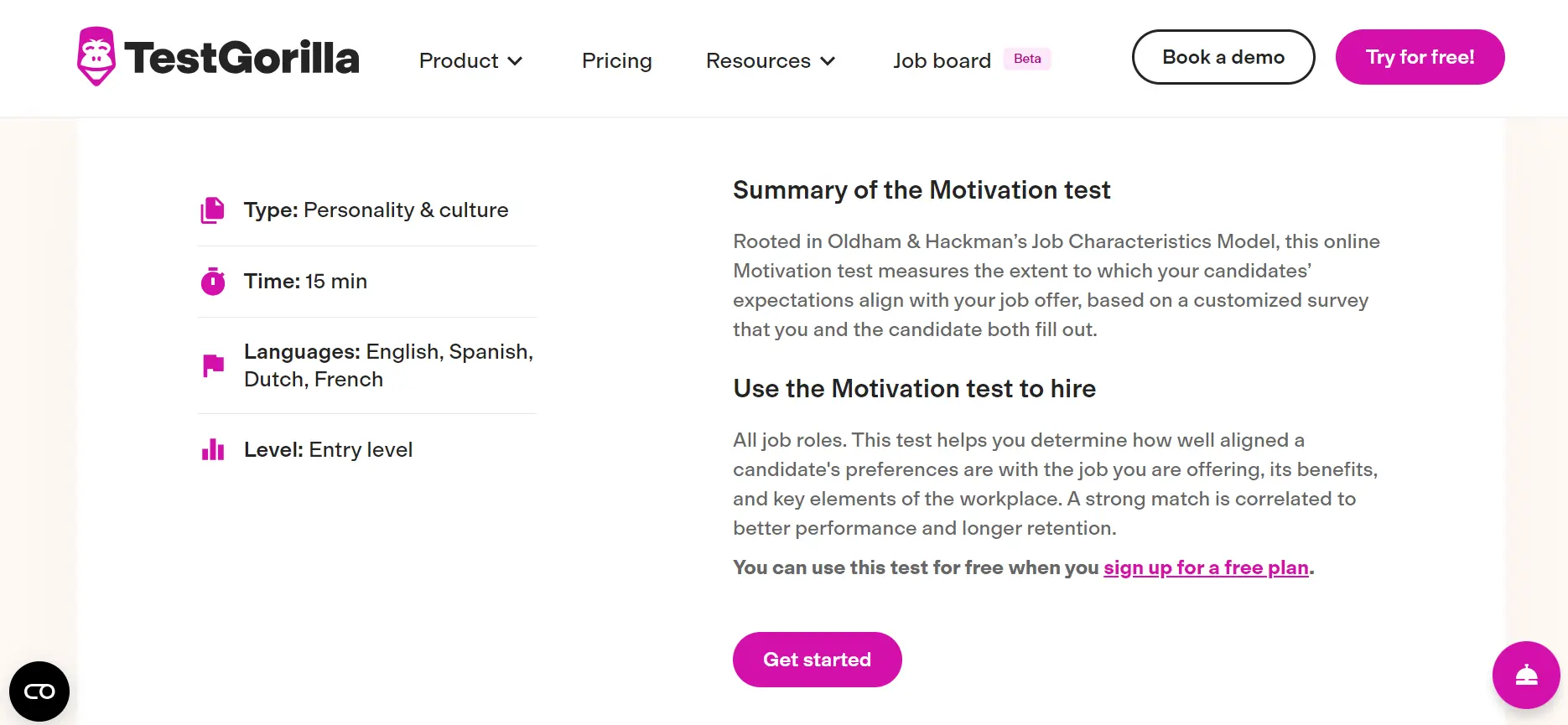 A screenshot of TestGorilla’s Motivation test overview
