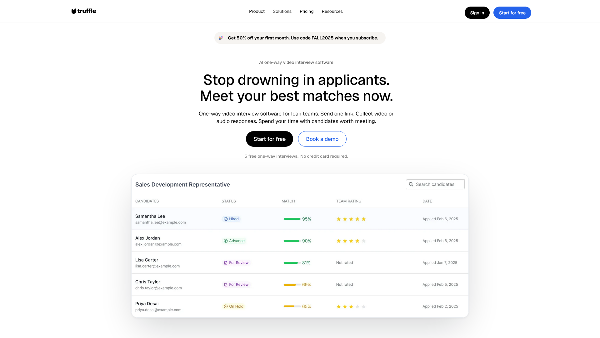 Screenshot of the Truffle homepage showing a mockup of a table listing candidate matches for a sales representative position.