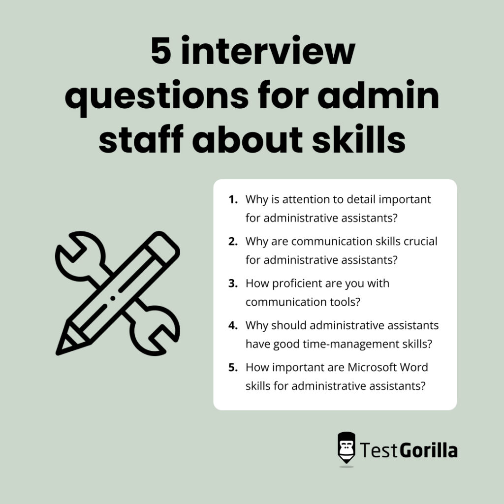 Five interview questions for admin staff about skills graphic