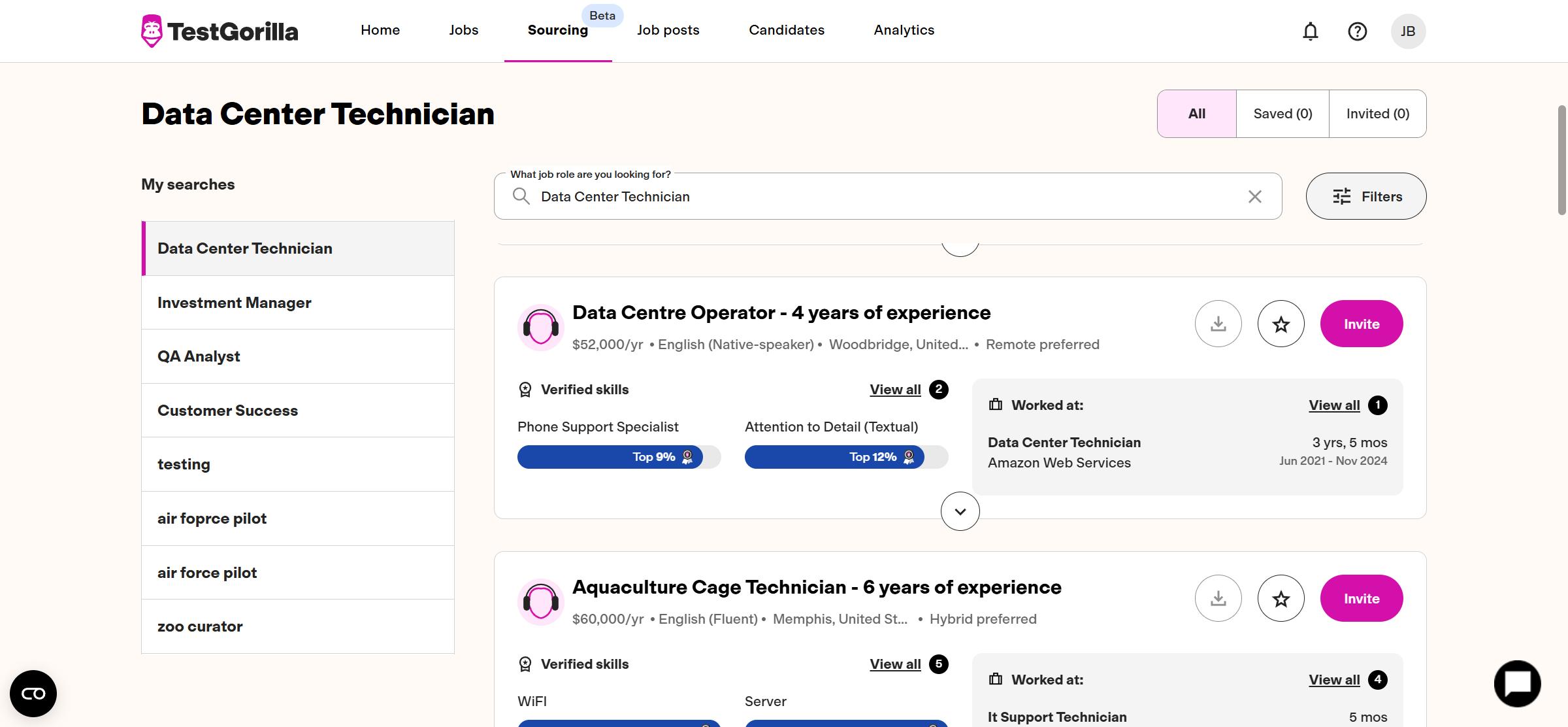 TestGorilla Sourcing lets you search for, save, and contact candidates in one place graphic
