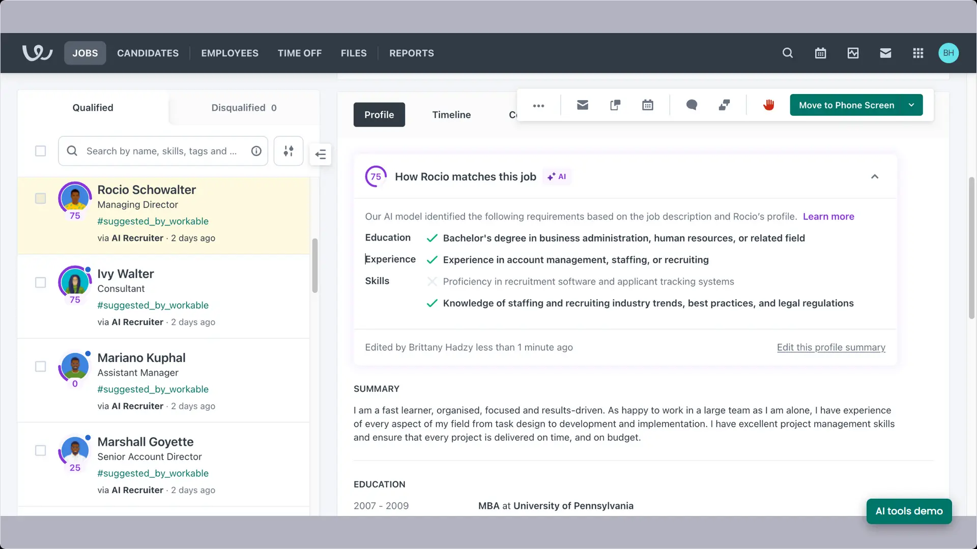 Screenshot of Workable‘s screening assistant showing a candidate with an AI-generated score of 75.