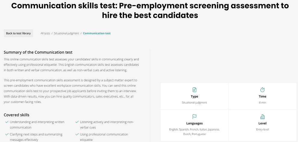 preview of communication test in TestGorilla