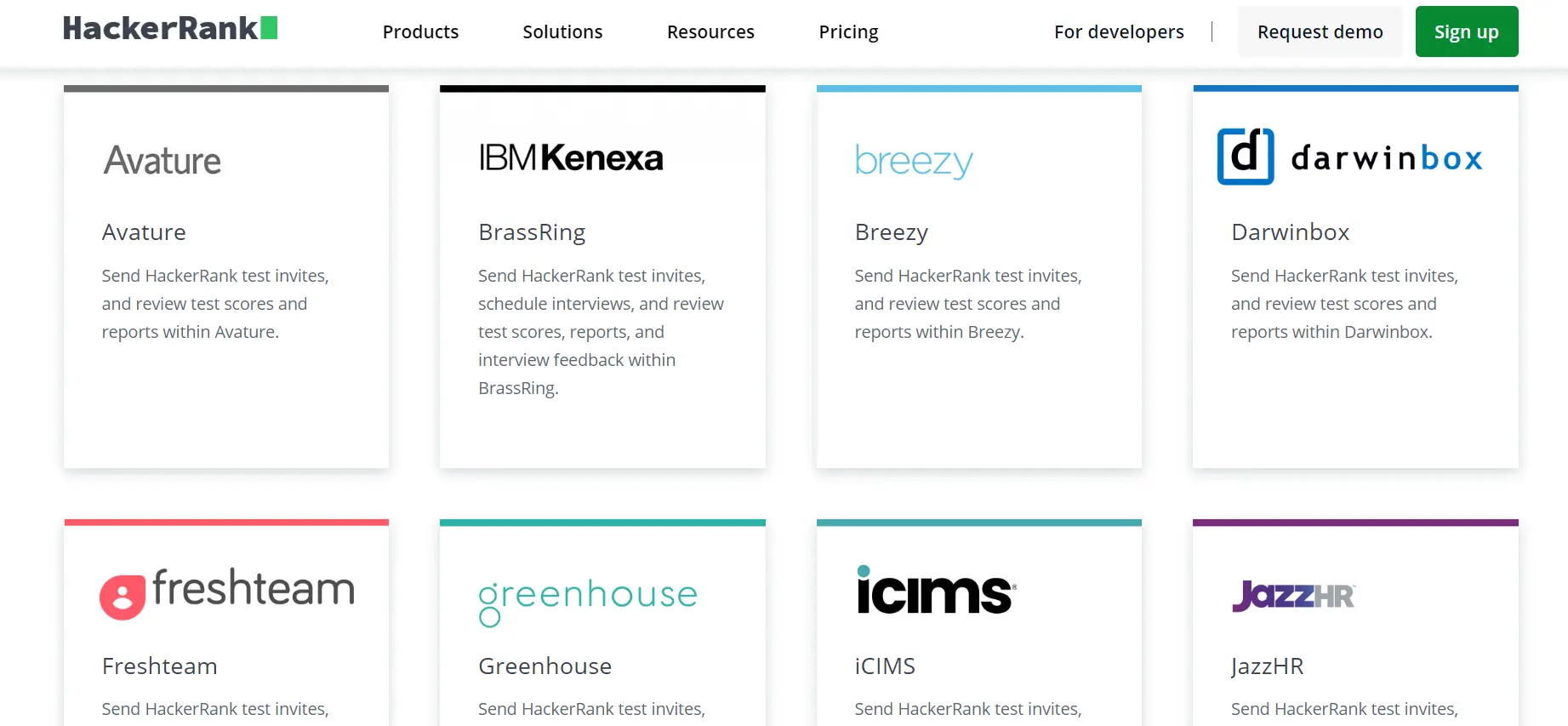 A screenshot from HackerRank’s website, showing some of its available integrations.