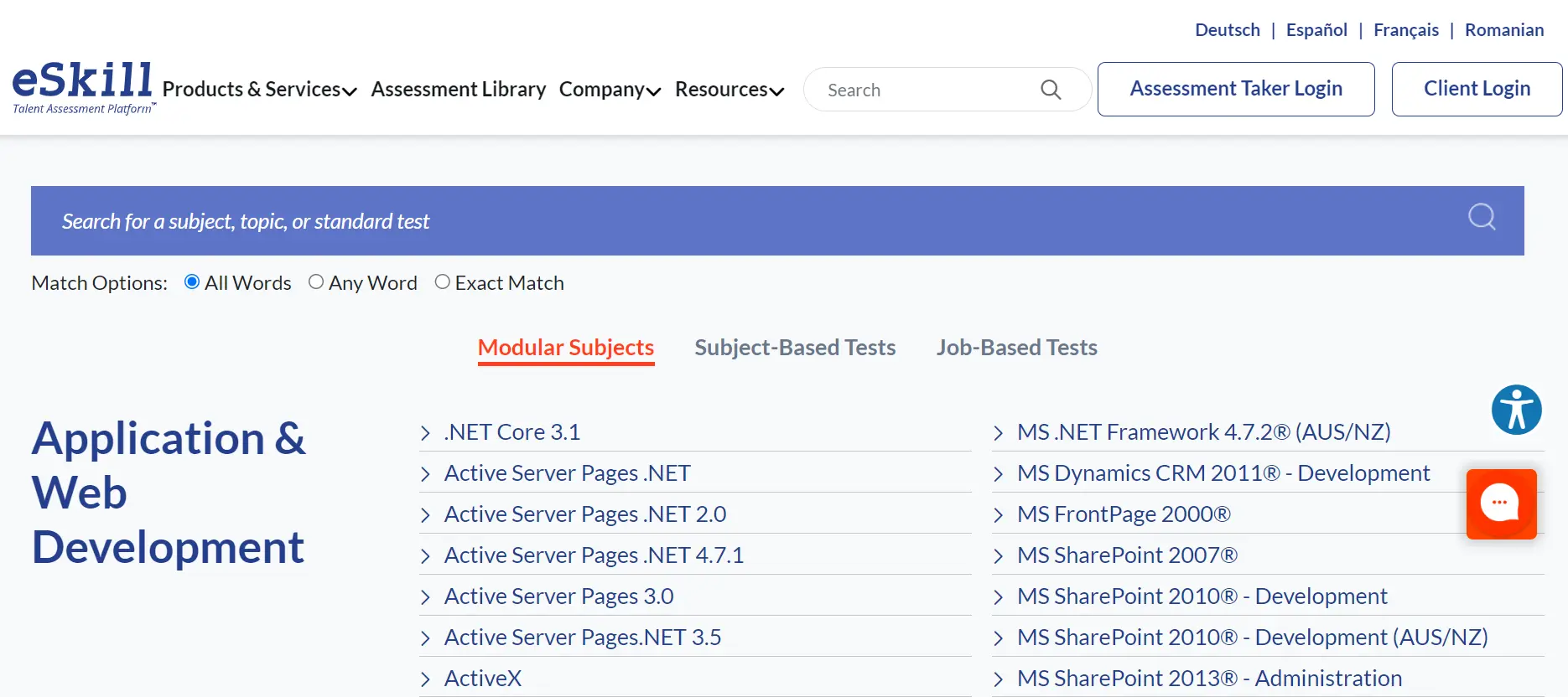 A screenshot of eSkill’s website, featuring some of its application and web development tests