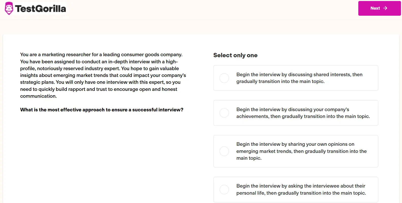 An example question from TestGorilla's Conducting Interviews test